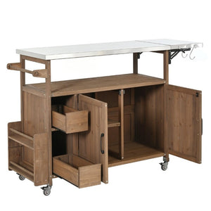 English Elm 54.33 Inch Solid Fir Outdoor Kitchen Cart with Stainless Steel Top and Locking Wheels N767P528183A
