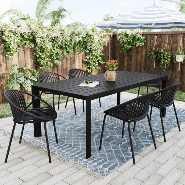 English Elm 7 Piece Outdoor Aluminum Polypropylene Dining Set with Six Stackable Patio Chairs N768P192555K_6_N768P491921B
