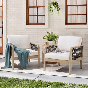 English Elm Outdoor Acacia Wood Club Chairs Set of 2 with Handwoven Rope Arms and Cushions Light Teak N768P363953L_2