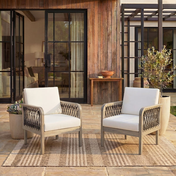 English Elm Outdoor Acacia Wood Club Chairs Set of 2 with Handwoven Rope Arms and Cushions Light Teak N768P363953L_2