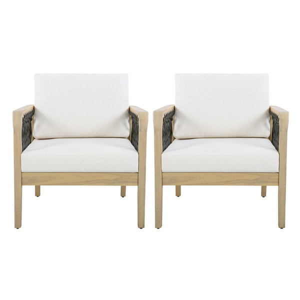 English Elm Outdoor Acacia Wood Club Chairs Set of 2 with Handwoven Rope Arms and Cushions Light Teak N768P363953L_2