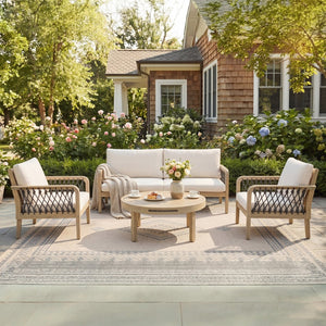 English Elm 4-piece Acacia Wood Outdoor Conversation Set with Handwoven Rope Armrests and Cushions Light Teak / Dark Gray Rope / Cream Cushion N768P363953L_2_N768P363954L