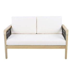 English Elm 4-piece Acacia Wood Outdoor Conversation Set with Handwoven Rope Armrests and Cushions Light Teak / Dark Gray Rope / Cream Cushion N768P363953L_2_N768P363954L
