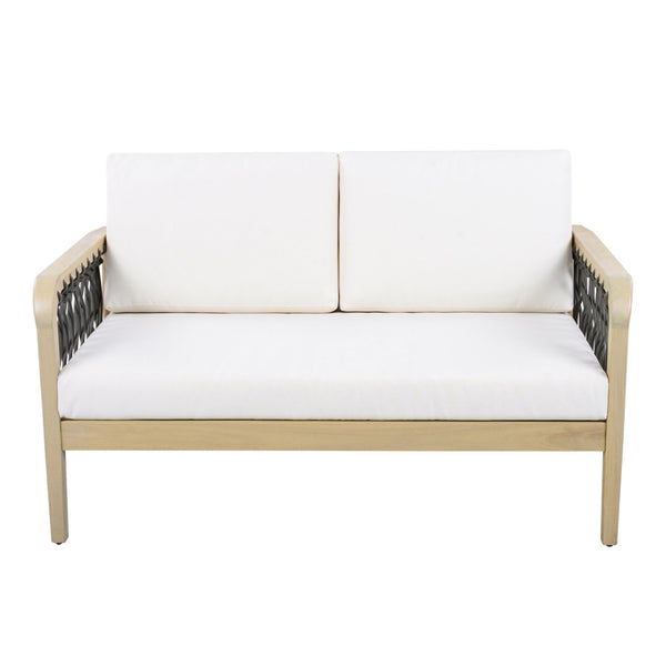 English Elm 4-piece Acacia Wood Outdoor Conversation Set with Handwoven Rope Armrests and Cushions Light Teak / Dark Gray Rope / Cream Cushion N768P363953L_2_N768P363954L