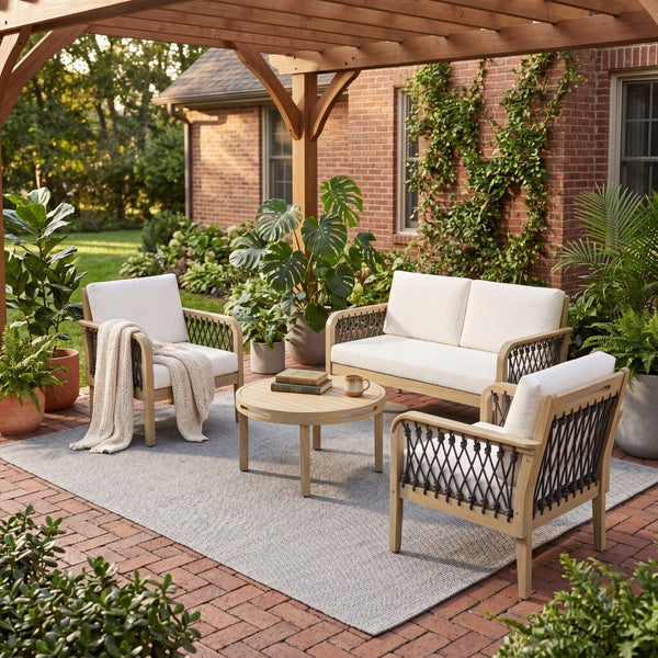 English Elm 4-piece Acacia Wood Outdoor Conversation Set with Handwoven Rope Armrests and Cushions Light Teak / Dark Gray Rope / Cream Cushion N768P363953L_2_N768P363954L