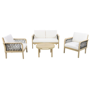 English Elm 4-piece Acacia Wood Outdoor Conversation Set with Handwoven Rope Armrests and Cushions Light Teak / Dark Gray Rope / Cream Cushion N768P363953L_2_N768P363954L