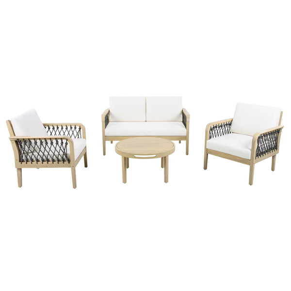 English Elm 4-piece Acacia Wood Outdoor Conversation Set with Handwoven Rope Armrests and Cushions Light Teak / Dark Gray Rope / Cream Cushion N768P363953L_2_N768P363954L