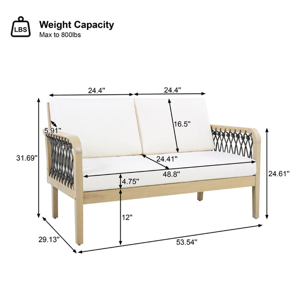 English Elm 4-piece Acacia Wood Outdoor Conversation Set with Handwoven Rope Armrests and Cushions Light Teak / Dark Gray Rope / Cream Cushion N768P363953L_2_N768P363954L