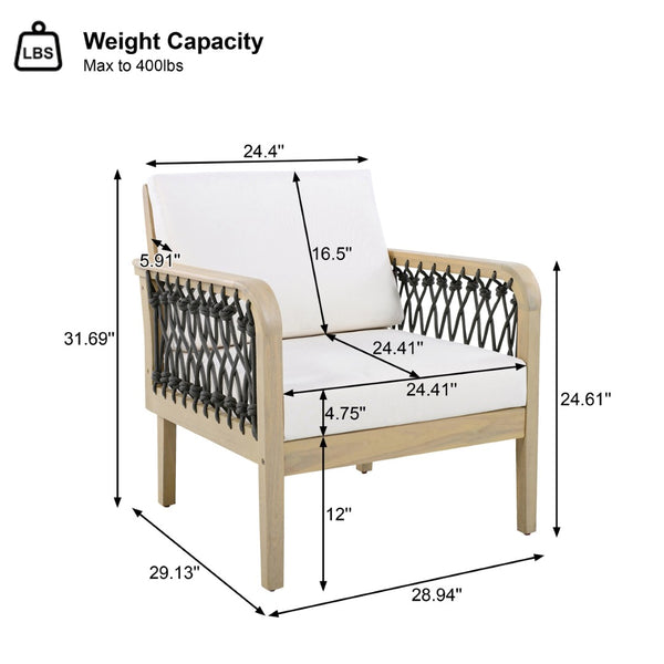 English Elm 4-piece Acacia Wood Outdoor Conversation Set with Handwoven Rope Armrests and Cushions Light Teak / Dark Gray Rope / Cream Cushion N768P363953L_2_N768P363954L