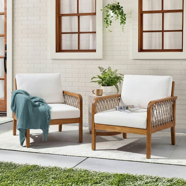 English Elm Outdoor Acacia Wood Club Chairs Set of 2 with Handwoven Rope Arms and Cushions Teak N768P363953T_2