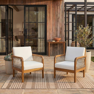 English Elm Outdoor Acacia Wood Club Chairs Set of 2 with Handwoven Rope Arms and Cushions Teak N768P363953T_2