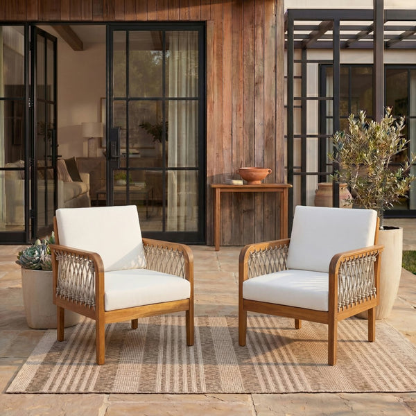 English Elm Outdoor Acacia Wood Club Chairs Set of 2 with Handwoven Rope Arms and Cushions Teak N768P363953T_2