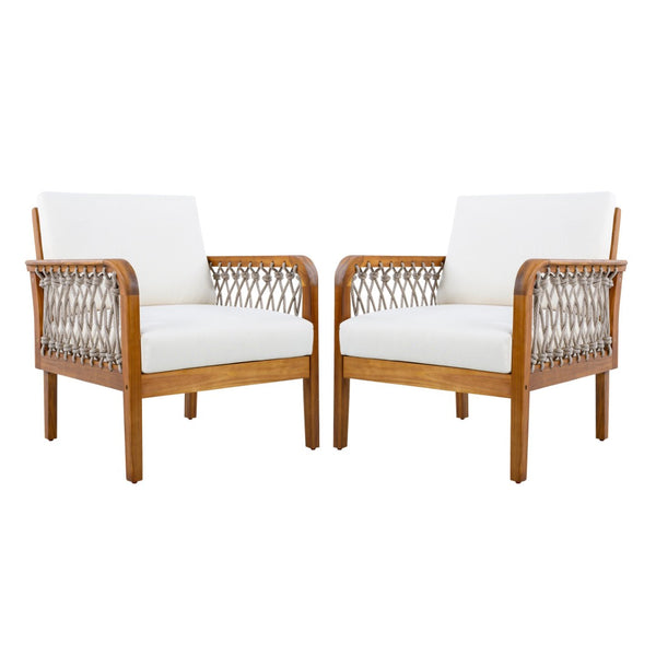 English Elm Outdoor Acacia Wood Club Chairs Set of 2 with Handwoven Rope Arms and Cushions Teak N768P363953T_2