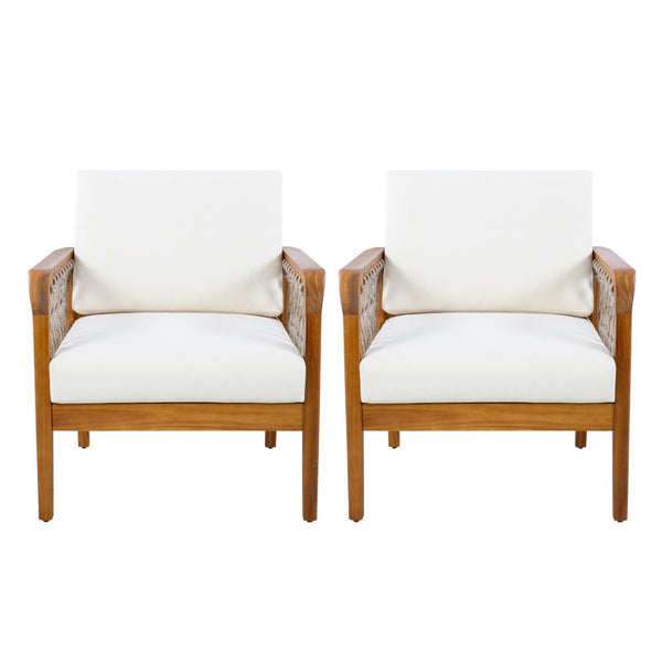 English Elm Outdoor Acacia Wood Club Chairs Set of 2 with Handwoven Rope Arms and Cushions Teak N768P363953T_2