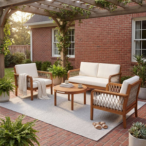 English Elm 4-piece Acacia Wood Outdoor Conversation Set with Handwoven Rope Armrests and Cushions Teak / Oatmeal Rope / Cream Beige Cushion N768P363953T_2_N768P363954T