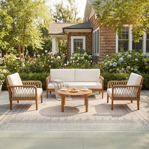 English Elm 4-piece Acacia Wood Outdoor Conversation Set with Handwoven Rope Armrests and Cushions Teak / Oatmeal Rope / Cream Beige Cushion N768P363953T_2_N768P363954T