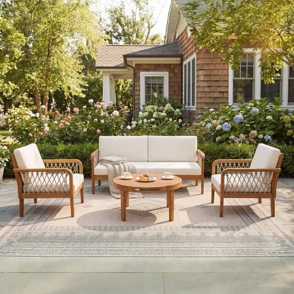 English Elm 4-piece Acacia Wood Outdoor Conversation Set with Handwoven Rope Armrests and Cushions Teak / Oatmeal Rope / Cream Beige Cushion N768P363953T_2_N768P363954T