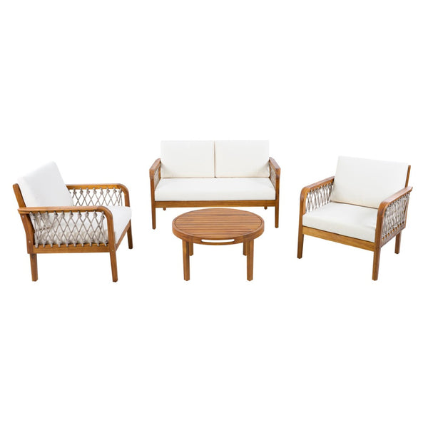 English Elm 4-piece Acacia Wood Outdoor Conversation Set with Handwoven Rope Armrests and Cushions Teak / Oatmeal Rope / Cream Beige Cushion N768P363953T_2_N768P363954T