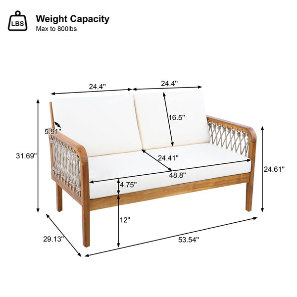 English Elm 4-piece Acacia Wood Outdoor Conversation Set with Handwoven Rope Armrests and Cushions Teak / Oatmeal Rope / Cream Beige Cushion N768P363953T_2_N768P363954T