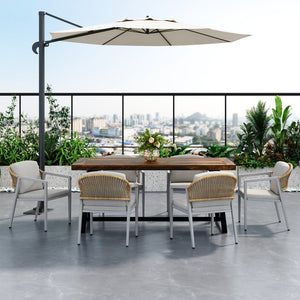 English Elm 7-piece Outdoor Dining Set Acacia Wood Table Six Iron Rattan Chairs Patio Coastal N768P372926N_N768P190946T