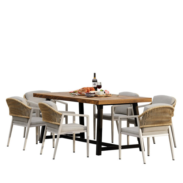 English Elm 7-piece Outdoor Dining Set Acacia Wood Table Six Iron Rattan Chairs Patio Coastal N768P372926N_N768P190946T