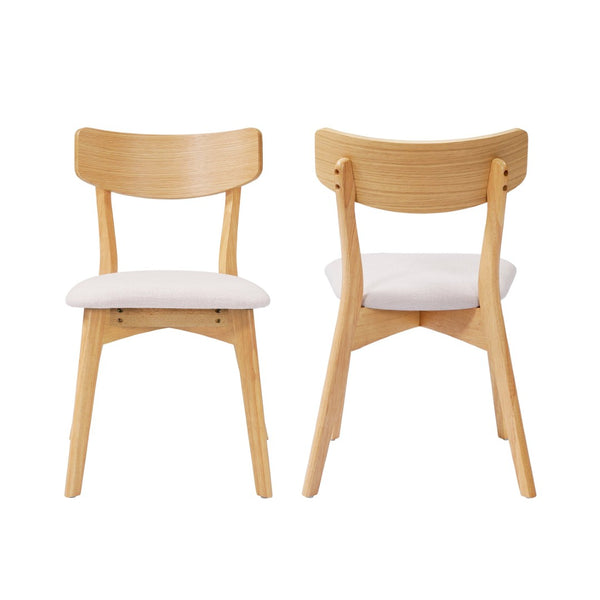 English Elm Mid-Century Rubberwood Dining Chairs with Splayed Legs and Beige Upholstered Seats Set of 2 N768P379795B
