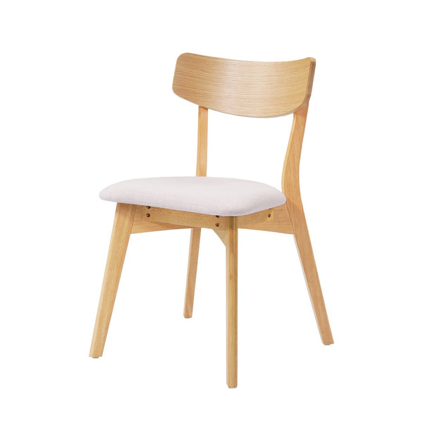 English Elm Mid-Century Rubberwood Dining Chairs with Splayed Legs and Beige Upholstered Seats Set of 2 N768P379795B