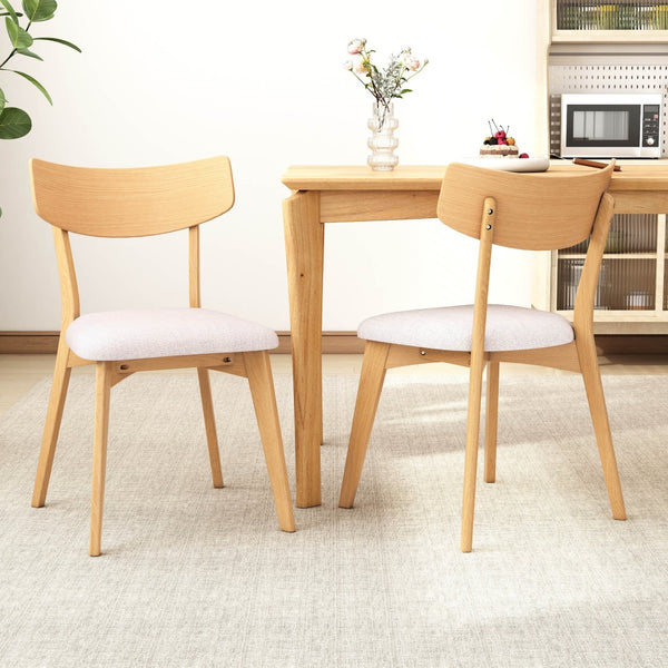 English Elm Mid-Century Rubberwood Dining Chairs with Splayed Legs and Beige Upholstered Seats Set of 2 N768P379795B