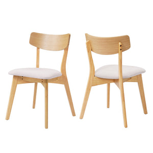 English Elm Mid-Century Rubberwood Dining Chairs with Splayed Legs and Beige Upholstered Seats Set of 2 N768P379795B