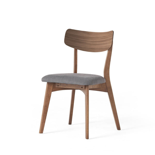 English Elm Mid-Century Rubberwood Dining Chair Set of Two with Walnut Frame and Grey Upholstered Seat N768P379795D