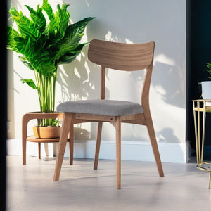 English Elm Mid-Century Rubberwood Dining Chair Set of Two with Walnut Frame and Grey Upholstered Seat N768P379795D
