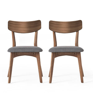 English Elm Mid-Century Rubberwood Dining Chair Set of Two with Walnut Frame and Grey Upholstered Seat N768P379795D