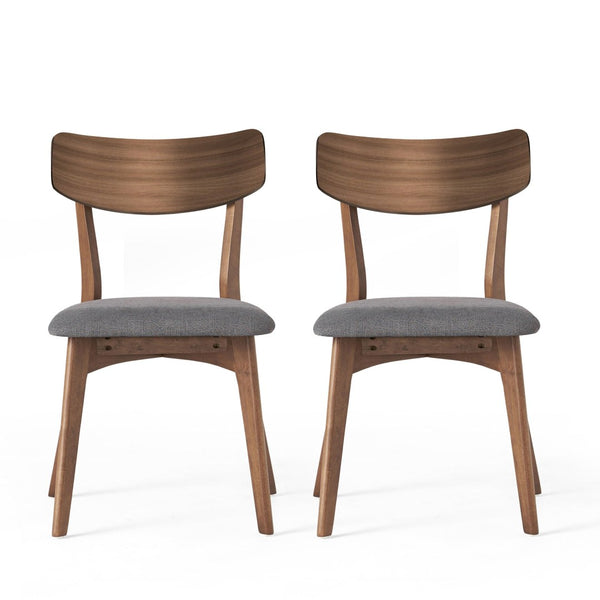 English Elm Mid-Century Rubberwood Dining Chair Set of Two with Walnut Frame and Grey Upholstered Seat N768P379795D