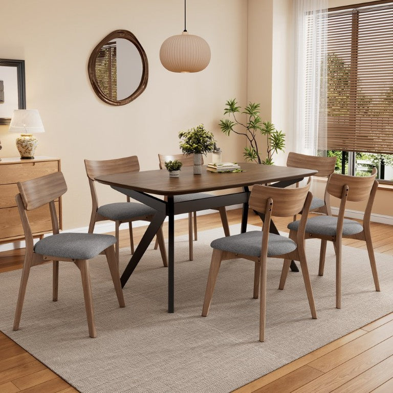 English Elm 7-Pieces Mid-Century Modern Dining Set Rubberwood Table Six Padded Chairs Walnut Tone N768P379795D_6_N768P247991W