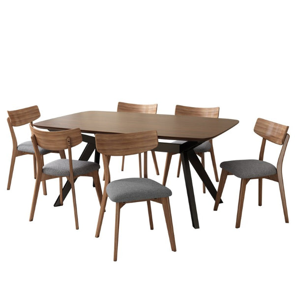 English Elm 7-Pieces Mid-Century Modern Dining Set Rubberwood Table Six Padded Chairs Walnut Tone N768P379795D_6_N768P247991W