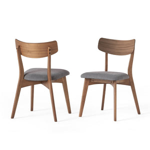 English Elm Mid-Century Rubberwood Dining Chair Set of Two with Walnut Frame and Grey Upholstered Seat N768P379795D