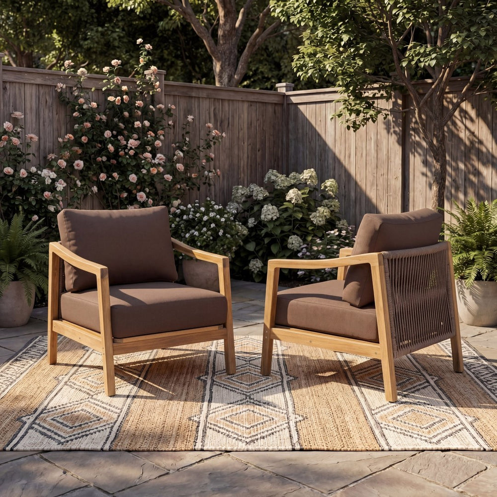 English Elm Outdoor Acacia Wood Club Chair Set with Woven Rope Back and Cushions for Patio Brown / Teak N768P383070B_2