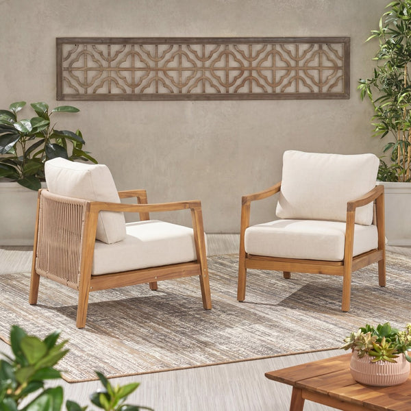 English Elm Outdoor Acacia Wood Club Chair Set with Woven Rope Back and Cushions for Patio Teak / Beige N768P383070T_2