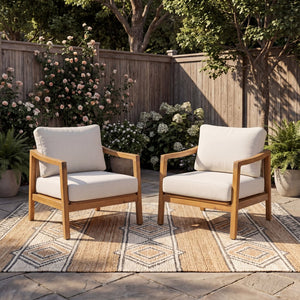 English Elm Outdoor Acacia Wood Club Chair Set with Woven Rope Back and Cushions for Patio Teak / Beige N768P383070T_2