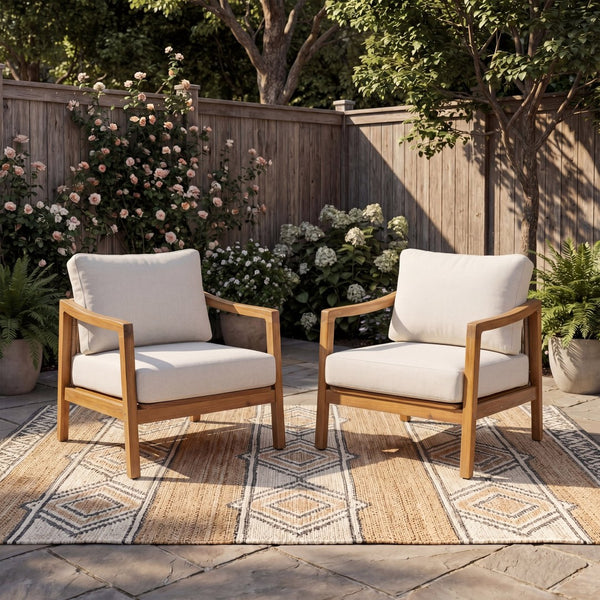 English Elm Outdoor Acacia Wood Club Chair Set with Woven Rope Back and Cushions for Patio Teak / Beige N768P383070T_2