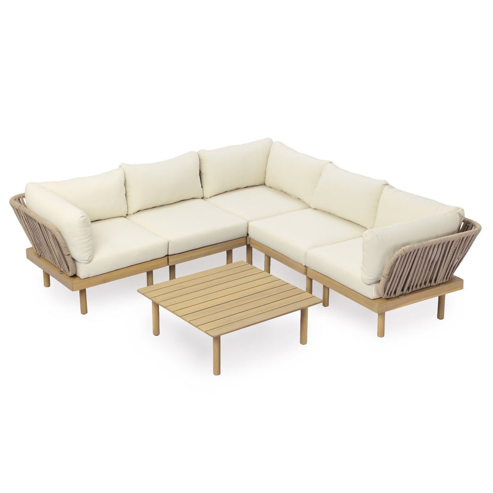 English Elm Acacia Wood Modular Corner Chair Rope Woven Back Outdoor Patio Lounge Seat N768P395021L