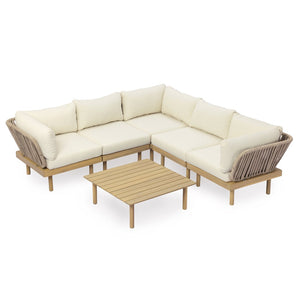 English Elm Acacia Wood Modular Corner Chair Rope Woven Back Outdoor Patio Lounge Seat N768P395021L
