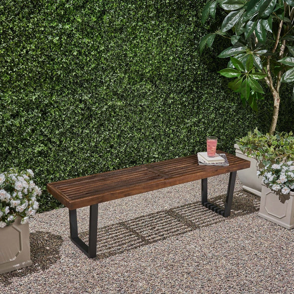 English Elm Joa Acacia Wood Slat Outdoor Dining Bench with Powder Coated Iron Legs Modern N768P403945B