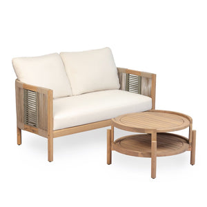 English Elm Outdoor Acacia Wood Loveseat Set with Two Tier Coffee Table Woven Rope Accents N768P410678N