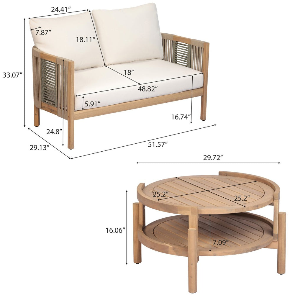 English Elm Outdoor Acacia Wood Loveseat Set with Two Tier Coffee Table Woven Rope Accents N768P410678N