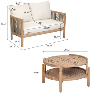 English Elm Outdoor Acacia Wood Loveseat Set with Two Tier Coffee Table Woven Rope Accents N768P410678N