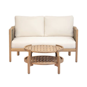 English Elm Outdoor Acacia Wood Loveseat Set with Two Tier Coffee Table Woven Rope Accents N768P410678N