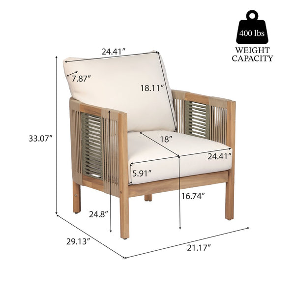 English Elm Outdoor Acacia Wood Club Chair with Woven Rope Panels and Teak Finish Patio Seating N768P410679N