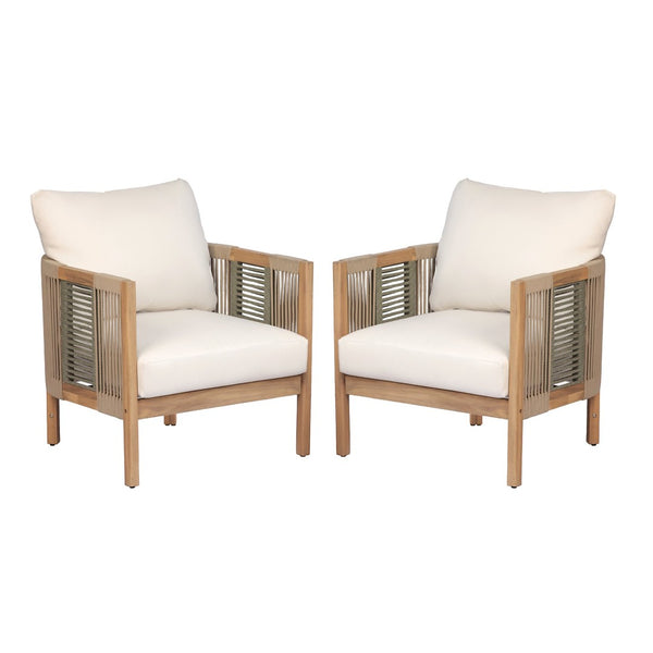 English Elm Outdoor Acacia Wood Club Chair Set of 2 with Woven Rope Panels and Beige Cushions N768P410679N_2