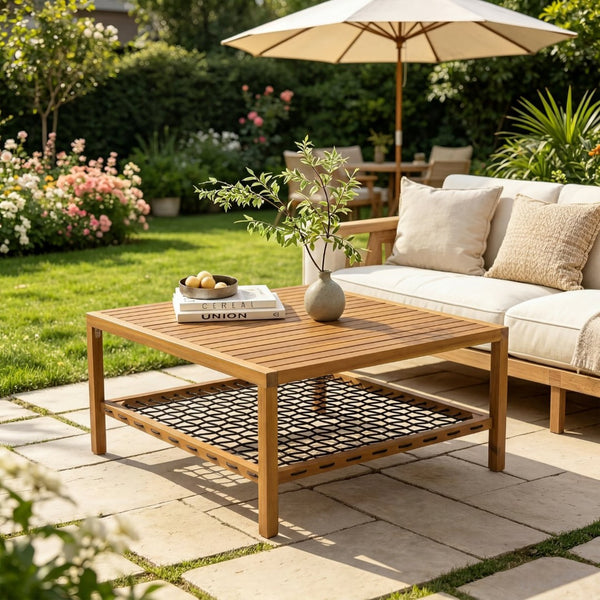 English Elm Outdoor Acacia Slatted Patio Table with Woven Rope Shelf for Coastal Lounging N768P410982L